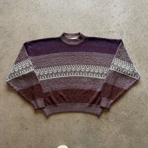 Vintage 90s Adolfo Sweater Size Large Purple Striped Pullover Acrylic Geometric